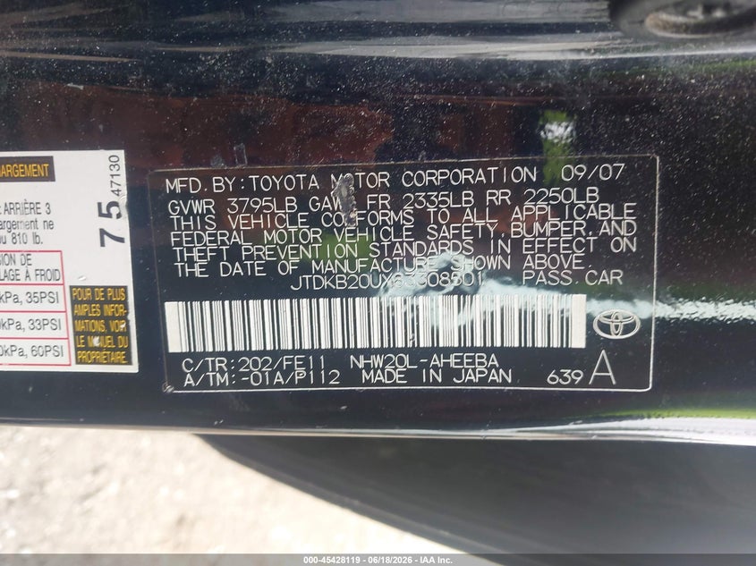 2008 Toyota Prius VIN JTDKB20UX83308501 IAAI salvage auction — NORMAL WEAR, Clear (Missouri), sold $500 on 2026-07-15 (photo 9)