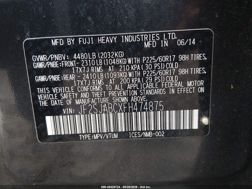 2015 Subaru Forester VIN JF2SJABCXFH474875 IAAI salvage auction — UNKNOWN, Clear (Massachusetts), sold $825 on 2026-07-08 (photo 9)