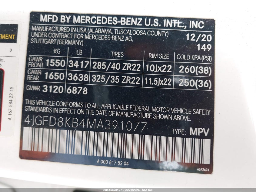 2021 Mercedes-benz Amg gle coupe VIN 4JGFD8KB4MA391077 IAAI salvage auction — FRONT & REAR, Salvage Title, sold $40,200 on 2026-07-14 (photo 9)