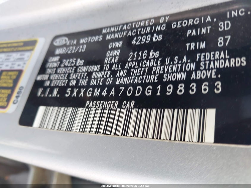 2013 Kia Optima VIN 5XXGM4A70DG198363 IAAI salvage auction — NORMAL WEAR, Repossession Paperwork (South Carolina), sold $475 on 2026-07-21 (photo 9)