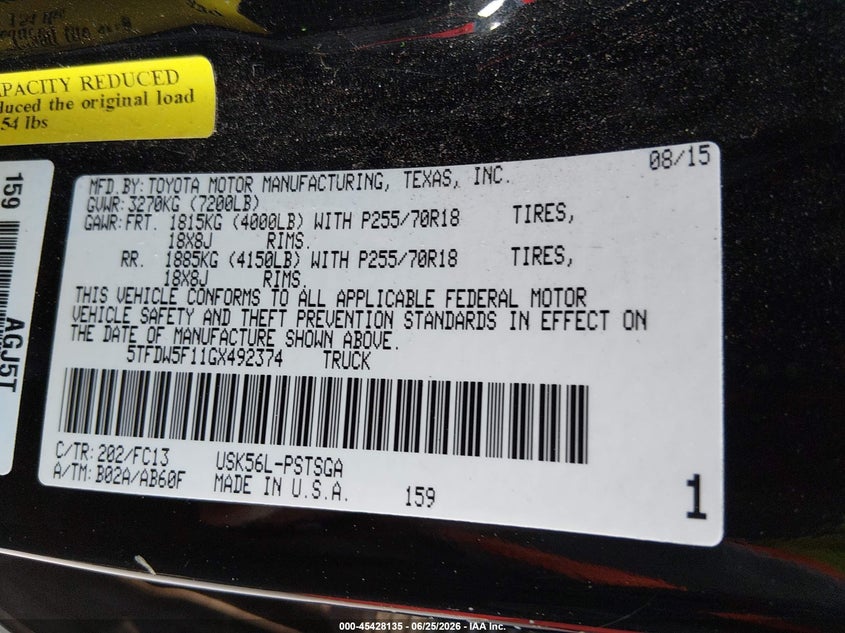 2016 Toyota Tundra VIN 5TFDW5F11GX492374 IAAI salvage auction — NORMAL WEAR, Original (Texas), sold $7,900 on 2026-07-06 (photo 9)