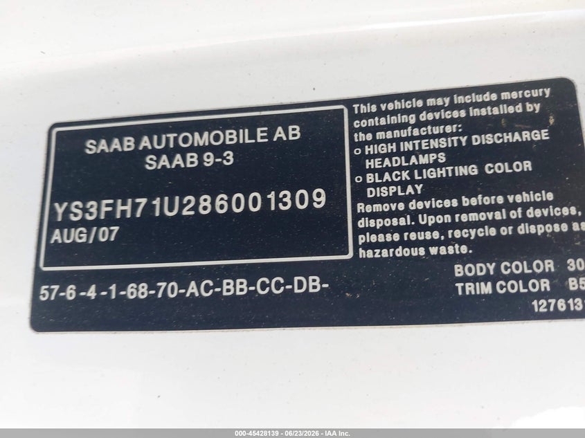 2008 Saab 9-3 VIN YS3FH71U286001309 IAAI salvage auction — RIGHT FRONT, Salvage (Idaho), sold $25 on 2026-07-15 (photo 9)