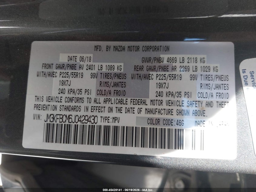 2018 Mazda Cx-5 VIN JM3KFBCM6J0429430 IAAI salvage auction — FRONT & REAR, Salvage Title, sold $4,500 on 2026-08-29 (photo 9)