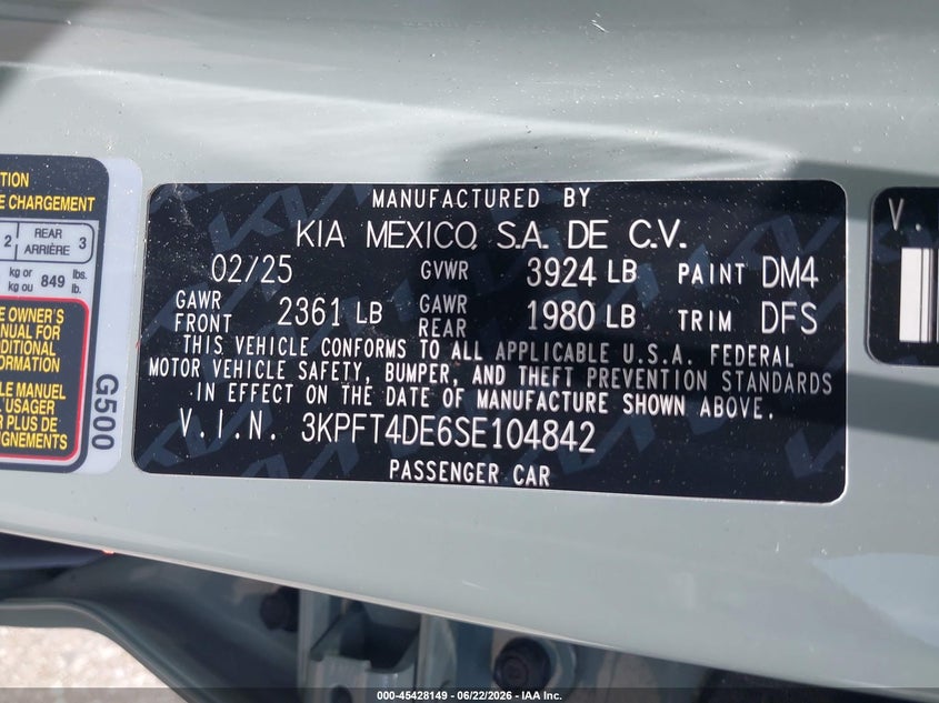 2025 Kia K4 VIN 3KPFT4DE6SE104842 IAAI salvage auction — FRONT END, Salvage Title, sold $3,550 on 2026-07-25 (photo 9)