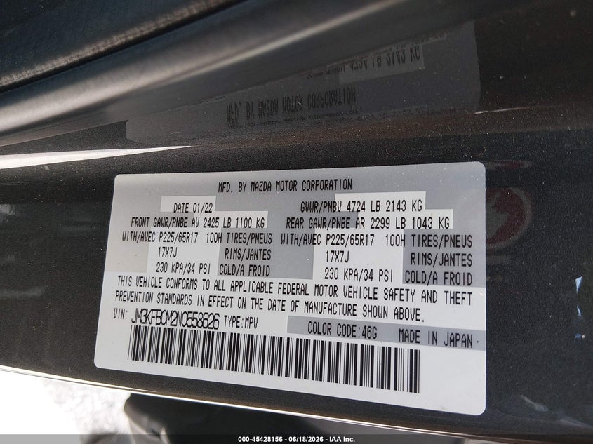 2022 Mazda Cx-5 VIN JM3KFBCM2N0558626 IAAI salvage auction — REAR END, Rebuildable (Florida), sold $5,750 on 2026-07-20 (photo 9)