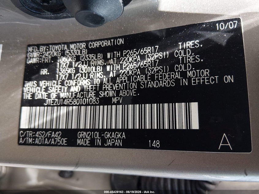 2008 Toyota 4runner VIN JTEZU14R580101083 IAAI salvage auction — FRONT END, Salvage (Nevada), sold $3,050 on 2026-07-17 (photo 9)