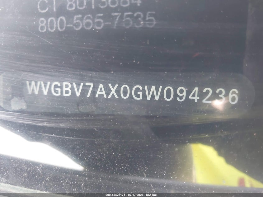 2016 Volkswagen Tiguan VIN WVGBV7AX0GW094236 IAAI salvage auction — RIGHT SIDE, Salvage Title, sold $3,350 on 2026-08-05 (photo 9)