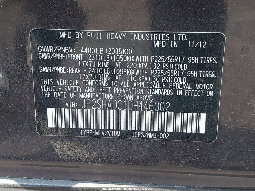 2013 Subaru Forester VIN JF2SHADC1DH446002 IAAI salvage auction — NORMAL WEAR, Clear (New Jersey), sold $750 on 2026-07-27 (photo 9)
