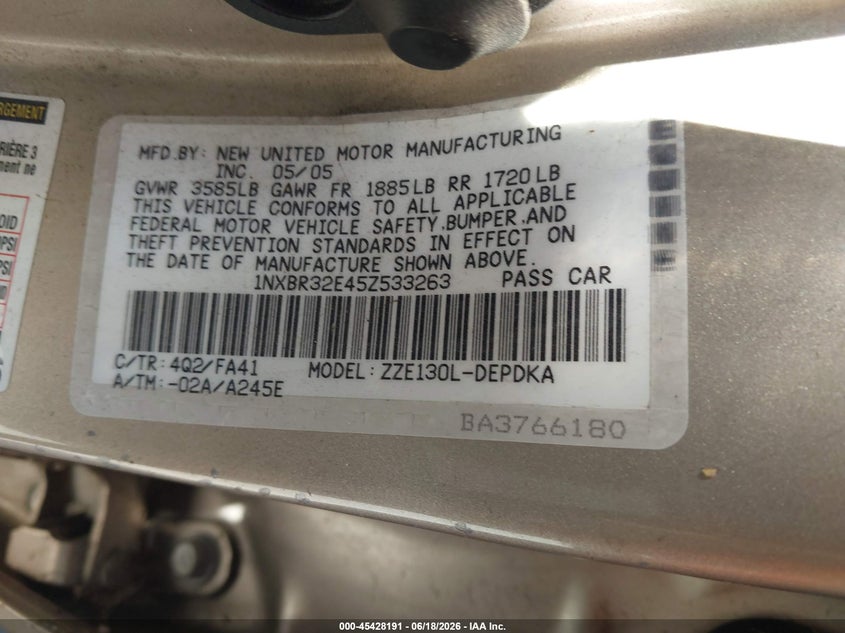 2005 Toyota Corolla VIN 1NXBR32E45Z533263 IAAI salvage auction — NORMAL WEAR, Salvage (California), sold $300 on 2026-07-09 (photo 9)