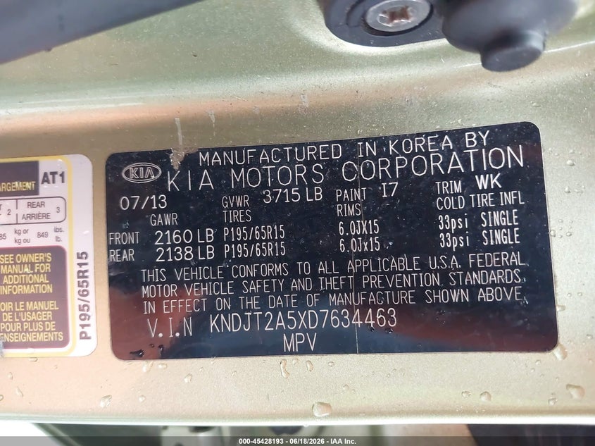 2013 Kia Soul VIN KNDJT2A5XD7634463 IAAI salvage auction — NORMAL WEAR, Clear (Pennsylvania), sold $375 on 2026-07-24 (photo 9)