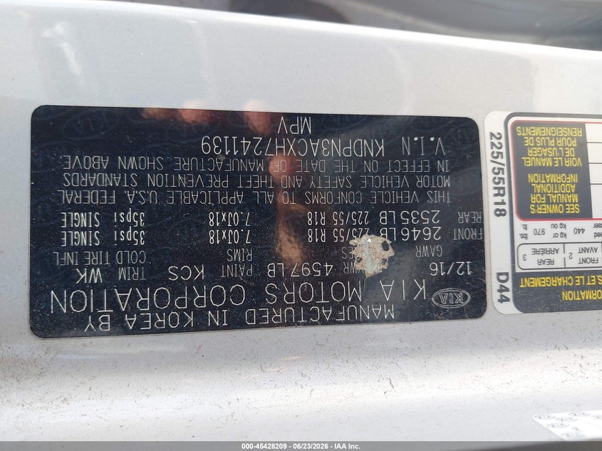 2017 Kia Sportage VIN KNDPN3ACXH7241139 IAAI salvage auction — NORMAL WEAR, Clear (Illinois), sold $2,150 on 2026-07-27 (photo 9)