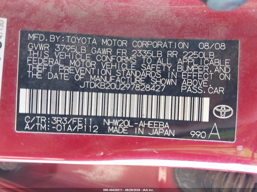 2009 Toyota Prius VIN JTDKB20U297828427 IAAI salvage auction — NORMAL WEAR, Clear - Dealer Only (California), sold $600 on 2026-07-29 (photo 9)