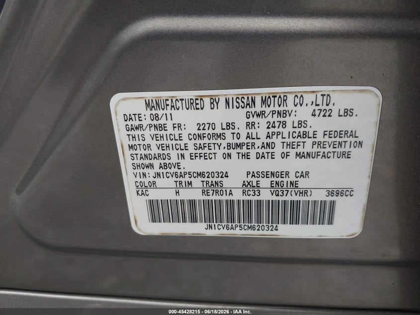 2012 Infiniti G37 VIN JN1CV6AP5CM620324 IAAI salvage auction — SIDE, Repossession Paperwork (Georgia), sold $1,550 on 2026-07-21 (photo 9)