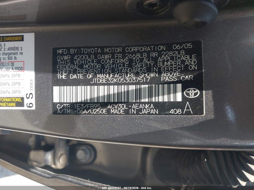 2005 Toyota Camry VIN JTDBE32K053037517 IAAI salvage auction — NORMAL WEAR, Clear - Dealer Only (California), sold $625 on 2026-07-07 (photo 9)