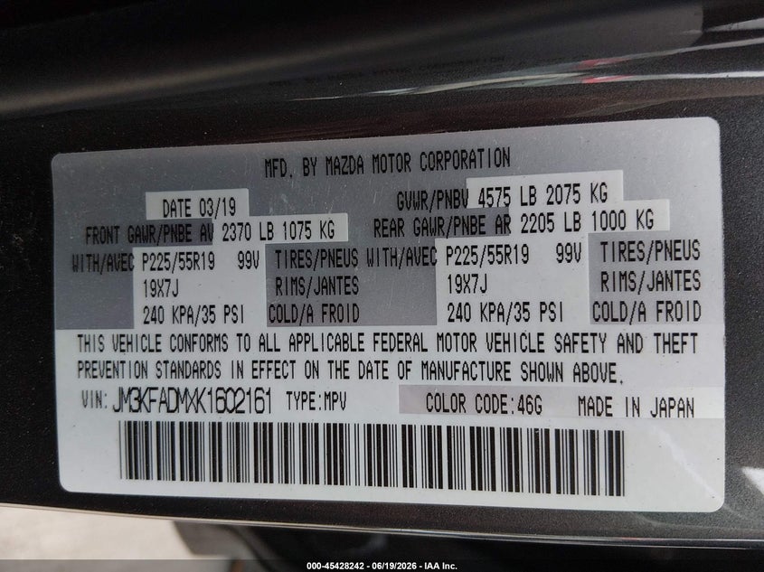 2019 Mazda Cx-5 VIN JM3KFADMXK1602161 IAAI salvage auction — LEFT SIDE, Salvage Title, sold $2,000 on 2026-08-22 (photo 9)