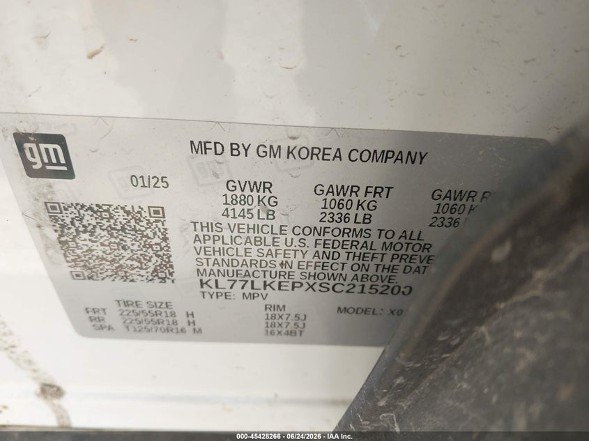 2025 Chevrolet Trax VIN KL77LKEPXSC215200 IAAI salvage auction — NORMAL WEAR, Original (Texas), sold $17,725 on 2026-07-22 (photo 9)