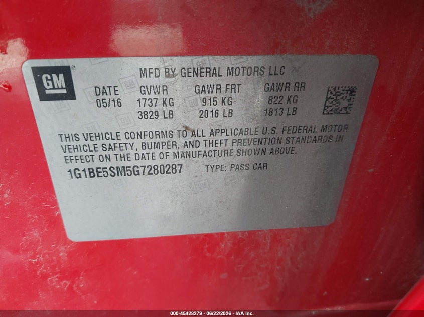 2016 Chevrolet Cruze VIN 1G1BE5SM5G7280287 IAAI salvage auction — LEFT FRONT, Certificate Of Title (Nebraska), sold $700 on 2026-07-24 (photo 9)