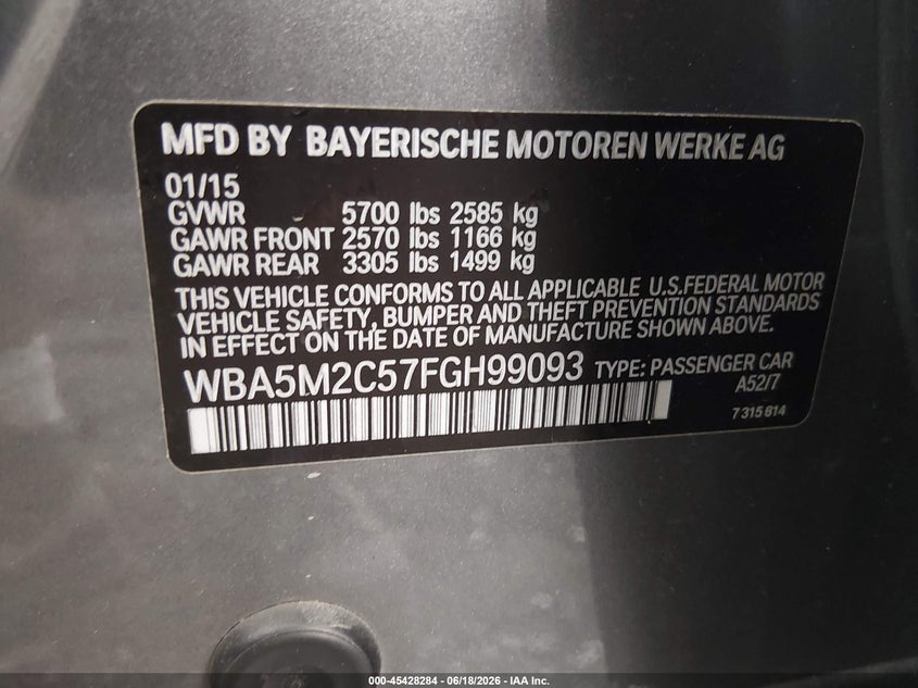 2015 BMW 5 series VIN WBA5M2C57FGH99093 IAAI salvage auction — RIGHT FRONT, Repossession Paperwork (South Carolina), sold $2,750 on 2026-07-28 (photo 9)