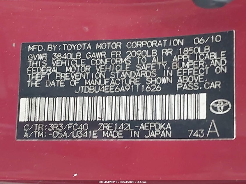 2010 Toyota Corolla VIN JTDBU4EE6A9111626 IAAI salvage auction — MECHANICAL, Clear (Florida), sold $475 on 2026-07-23 (photo 9)