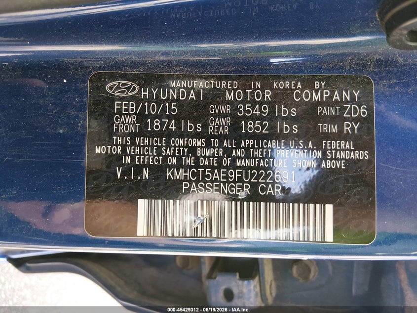 2015 Hyundai Accent VIN KMHCT5AE9FU222691 IAAI salvage auction — FRONT END, Salvage (South Carolina), sold $350 on 2026-07-22 (photo 9)