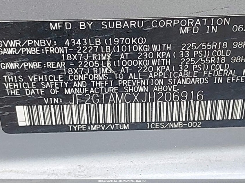2018 Subaru Xv VIN JF2GTAMCXJH206916 IAAI salvage auction — HAIL, Original (Texas), sold $25 on 2026-07-28 (photo 9)
