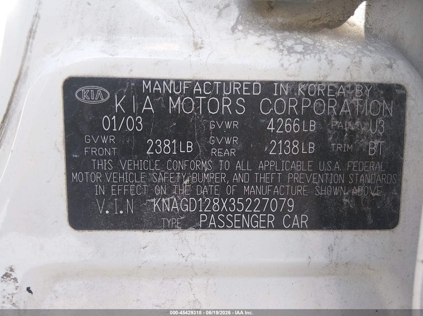 2003 Kia Optima VIN KNAGD128X35227079 IAAI salvage auction — FRONT END, Salvage (Illinois), sold $25 on 2026-07-28 (photo 9)