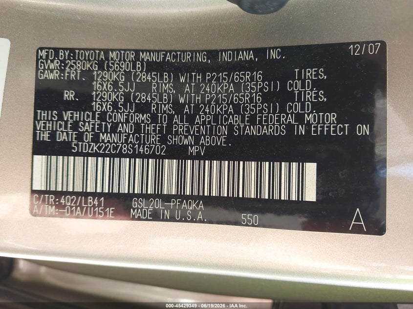 2008 Toyota Sienna VIN 5TDZK22C78S146702 IAAI salvage auction — RIGHT REAR, Salvage (Georgia), sold $3,200 on 2026-07-23 (photo 9)