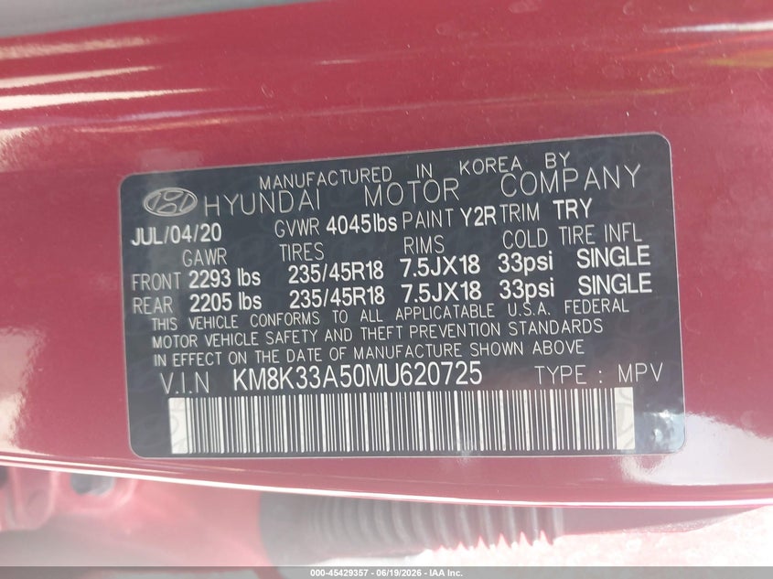 2021 Hyundai Kona VIN KM8K33A50MU620725 IAAI salvage auction — FRONT END, Rebuildable (Florida), sold $3,700 on 2026-07-14 (photo 9)