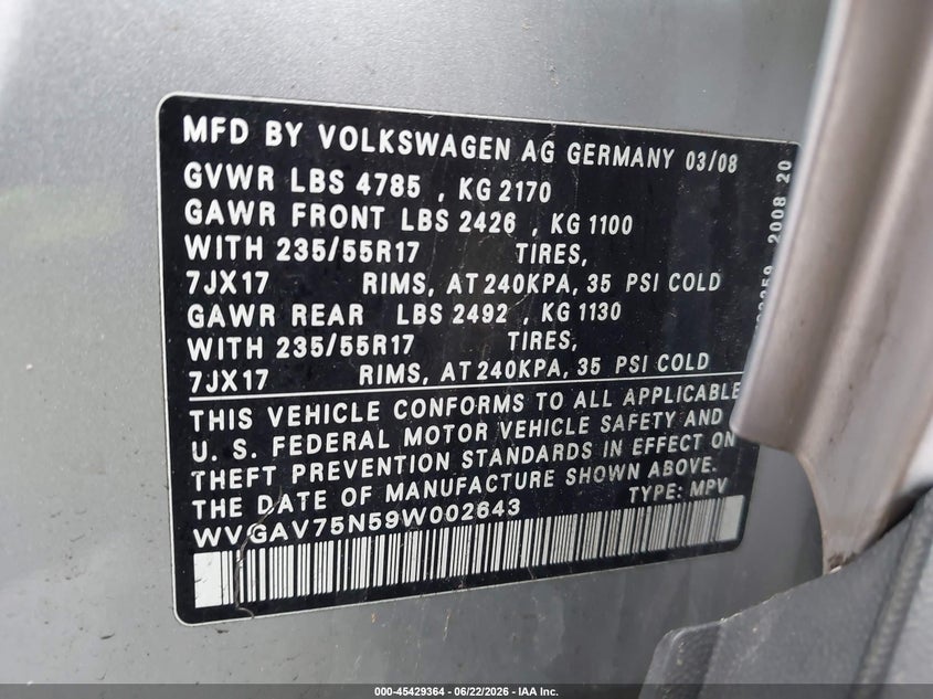 2009 Volkswagen Tiguan VIN WVGAV75N59W002643 IAAI salvage auction — REAR END, Salvage (Ohio), sold $825 on 2026-07-16 (photo 9)