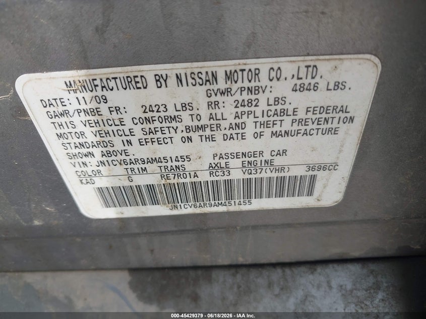 2010 Infiniti G37 VIN JN1CV6AR9AM451455 IAAI salvage auction — FRONT END, Salvage (North Carolina), sold $375 on 2026-07-17 (photo 9)