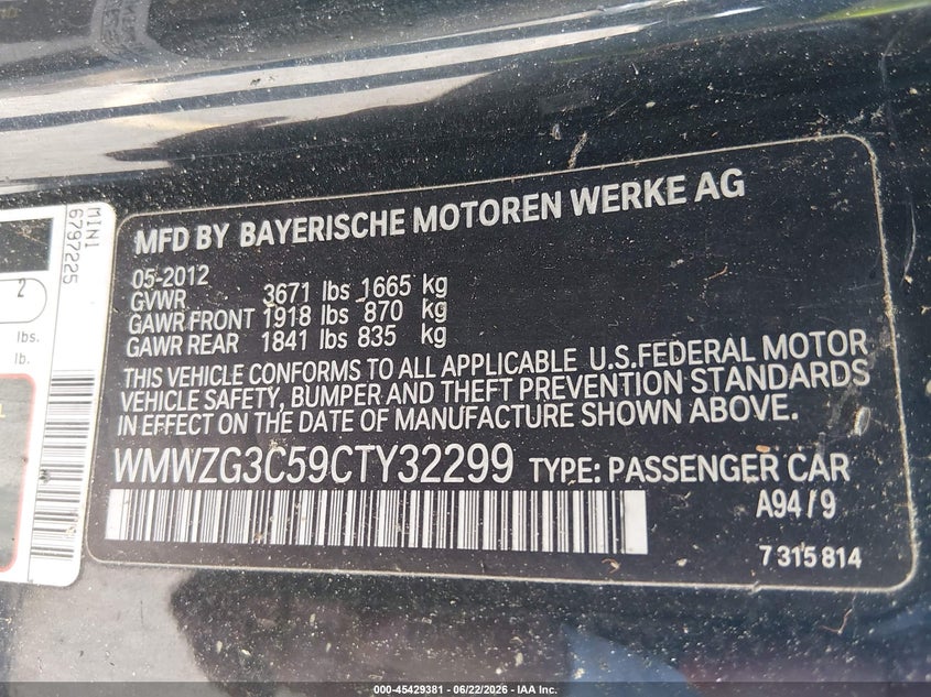 2012 Mini Clubman VIN WMWZG3C59CTY32299 IAAI salvage auction — NORMAL WEAR, Salvage Title, sold $850 on 2026-07-29 (photo 9)