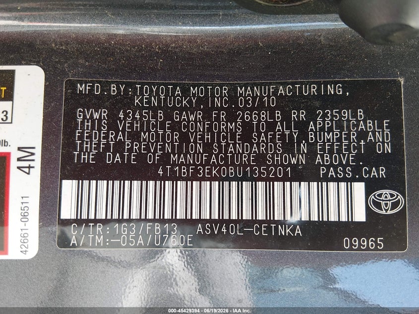 2011 Toyota Camry VIN 4T1BF3EK0BU135201 IAAI salvage auction — WATER/FLOOD, Salvage (Alabama), sold $250 on 2026-08-20 (photo 9)