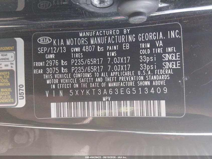 2014 Kia Sorento VIN 5XYKT3A63EG513409 IAAI salvage auction — FRONT END, Salvage (Rhode Island), sold $925 on 2026-07-28 (photo 9)