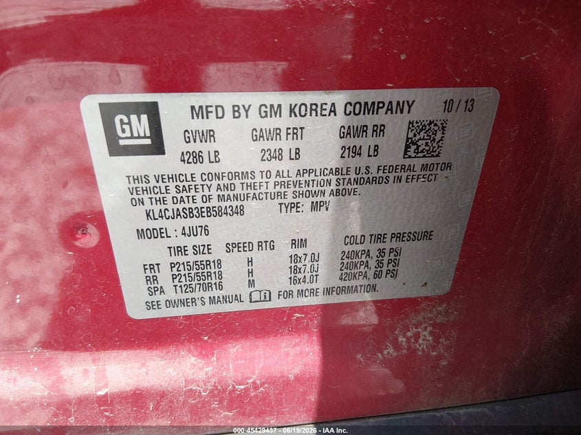 2014 Buick Encore VIN KL4CJASB3EB584348 IAAI salvage auction — SIDE, Salvage (Alabama), sold $450 on 2026-07-30 (photo 9)
