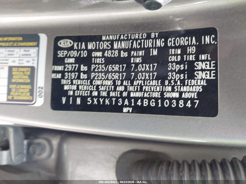2011 Kia Sorento VIN 5XYKT3A14BG103847 IAAI salvage auction — NORMAL WEAR, Repossession Paperwork (South Carolina), sold $375 on 2026-07-29 (photo 9)