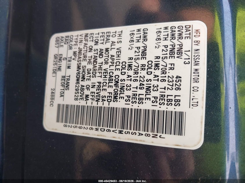 2013 Nissan Rogue sport VIN JN8AS5MV6DW629528 IAAI salvage auction — NORMAL WEAR, Clear (Maryland), sold $450 on 2026-07-28 (photo 9)