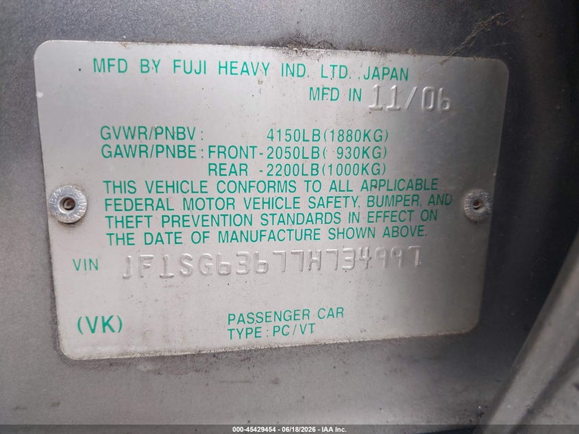 2007 Subaru Forester VIN JF1SG63677H734997 IAAI salvage auction — NORMAL WEAR, Clear (Maryland), sold $450 on 2026-07-14 (photo 9)