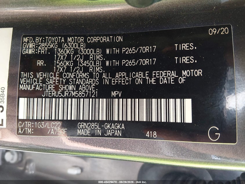 2021 Toyota 4runner VIN JTERU5JR7M5857121 IAAI salvage auction — HAIL, Salvage (Ohio), sold $20,500 on 2026-07-21 (photo 9)