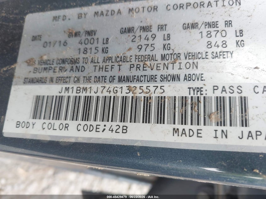 2016 Mazda 3 VIN JM1BM1J74G1325575 IAAI salvage auction — ROLLOVER, Mv-907A (New York), sold $375 on 2026-07-07 (photo 9)