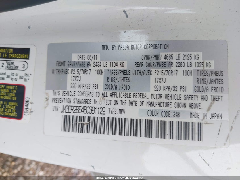 2011 Mazda Cx-7 VIN JM3ER2B54B0391129 IAAI salvage auction — NORMAL WEAR, Clear (Illinois), sold $375 on 2026-07-15 (photo 9)