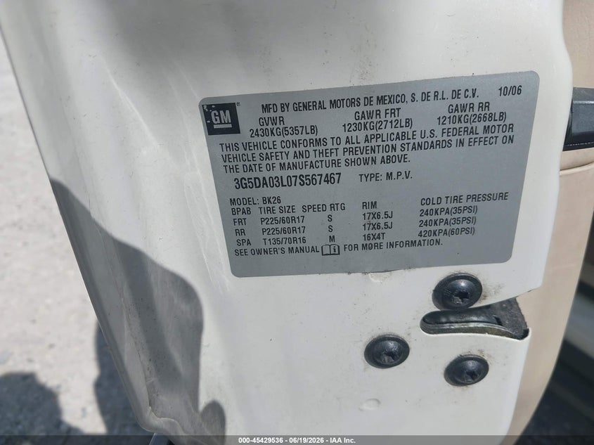 2007 Buick Rendezvous VIN 3G5DA03L07S567467 IAAI salvage auction — RIGHT FRONT, Salvage (Ohio), sold $225 on 2026-07-07 (photo 9)