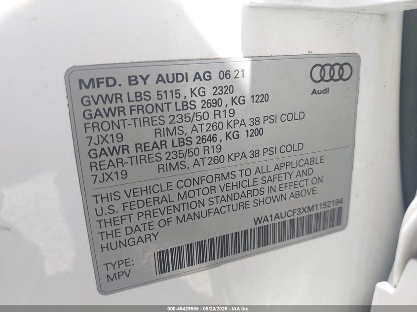 2021 Audi Q3 VIN WA1AUCF3XM1152194 IAAI salvage auction — LEFT FRONT, Salvage Title, sold $3,000 on 2026-07-31 (photo 9)