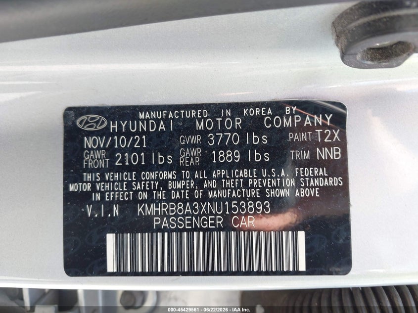 2022 Hyundai Venue VIN KMHRB8A3XNU153893 IAAI salvage auction — FRONT END, Certificate Of Destruction (Florida), sold $2,600 on 2026-07-16 (photo 9)