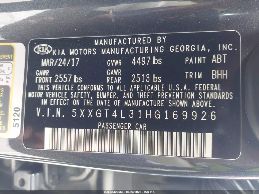 2017 Kia Optima VIN 5XXGT4L31HG169926 IAAI salvage auction — LEFT REAR, Salvage (South Carolina), sold $1,250 on 2026-07-22 (photo 9)