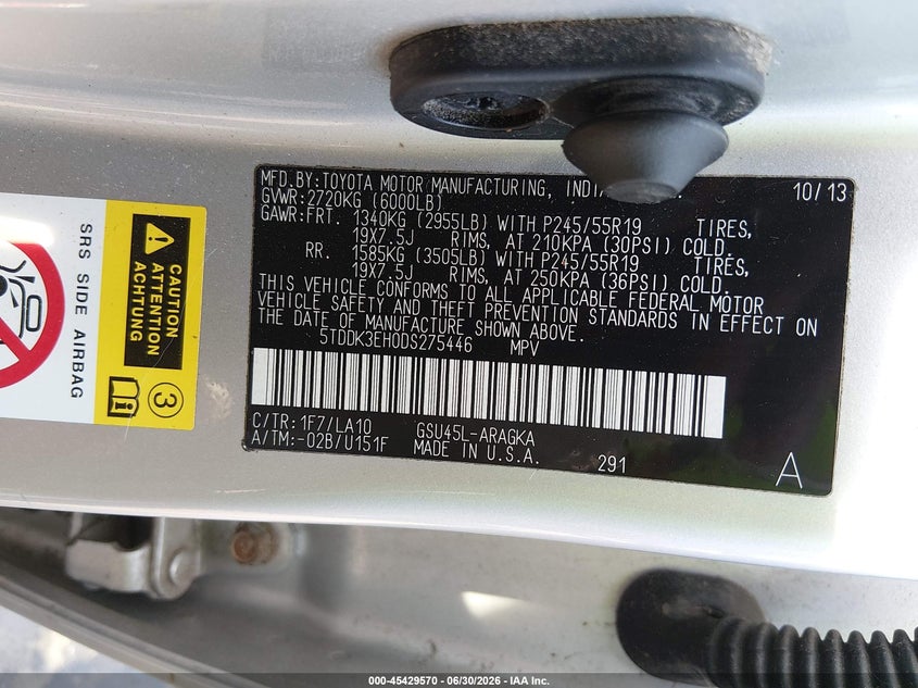 2013 Toyota Highlander VIN 5TDDK3EH0DS275446 IAAI salvage auction — RIGHT FRONT, Salvage (Connecticut), sold $6,100 on 2026-07-30 (photo 9)