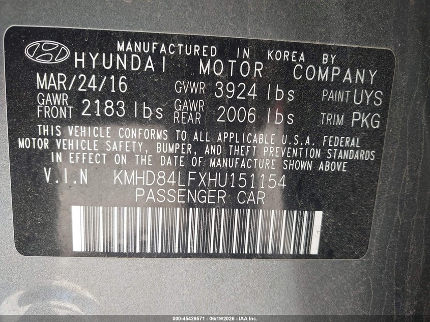 2017 Hyundai Elantra VIN KMHD84LFXHU151154 IAAI salvage auction — NO DAMAGE, Clear (Wisconsin), sold $2,200 on 2026-07-08 (photo 9)