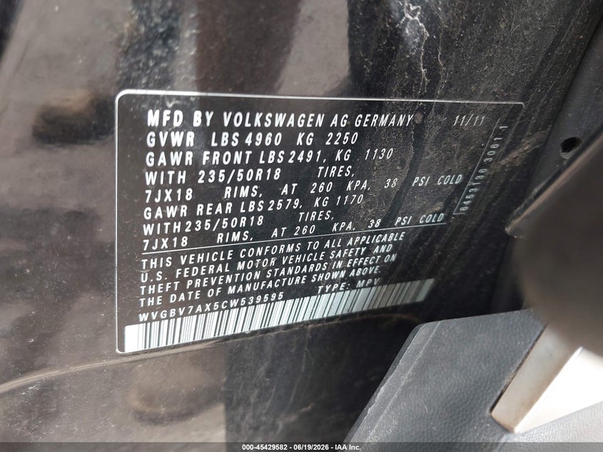 2012 Volkswagen Tiguan VIN WVGBV7AX5CW539595 IAAI salvage auction — NORMAL WEAR, Clear (New York), sold $450 on 2026-07-14 (photo 9)
