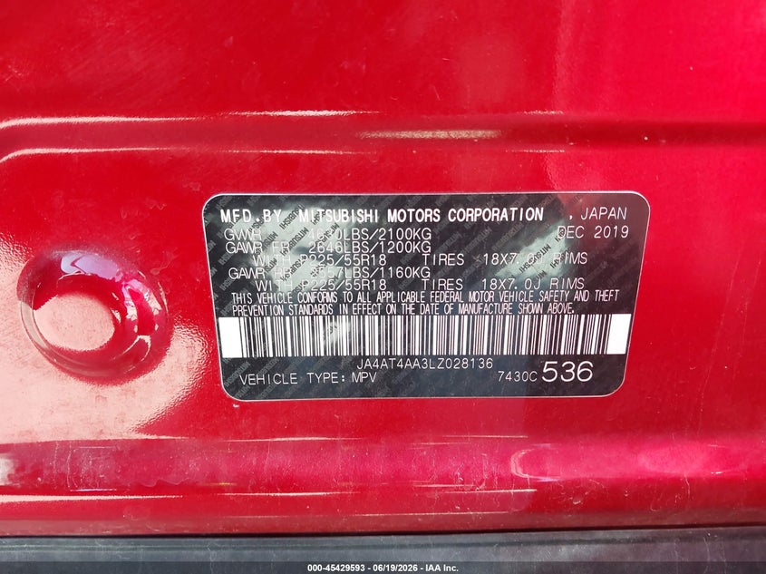 2020 Mitsubishi Eclipse cross VIN JA4AT4AA3LZ028136 IAAI salvage auction — LEFT FRONT, Salvage Title, sold $2,125 on 2026-08-29 (photo 9)