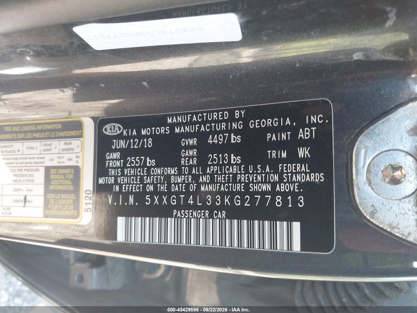 2019 Kia Optima VIN 5XXGT4L33KG277813 IAAI salvage auction — NORMAL WEAR, Clear (Illinois), sold $875 on 2026-07-29 (photo 9)