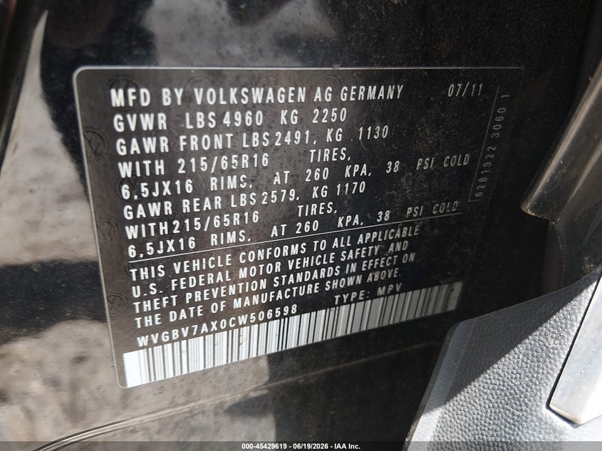 2012 Volkswagen Tiguan VIN WVGBV7AX0CW506598 IAAI salvage auction — NORMAL WEAR, Clear (Massachusetts), sold $725 on 2026-07-17 (photo 9)